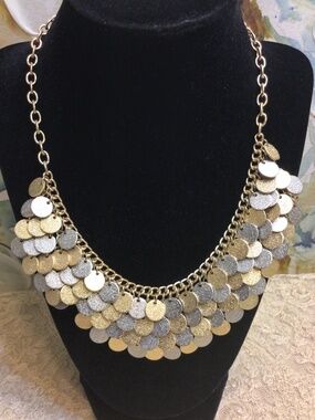 Vintage Statement Mixed Gold Tone & Silver Tone Discs Fishscale Bib Necklace